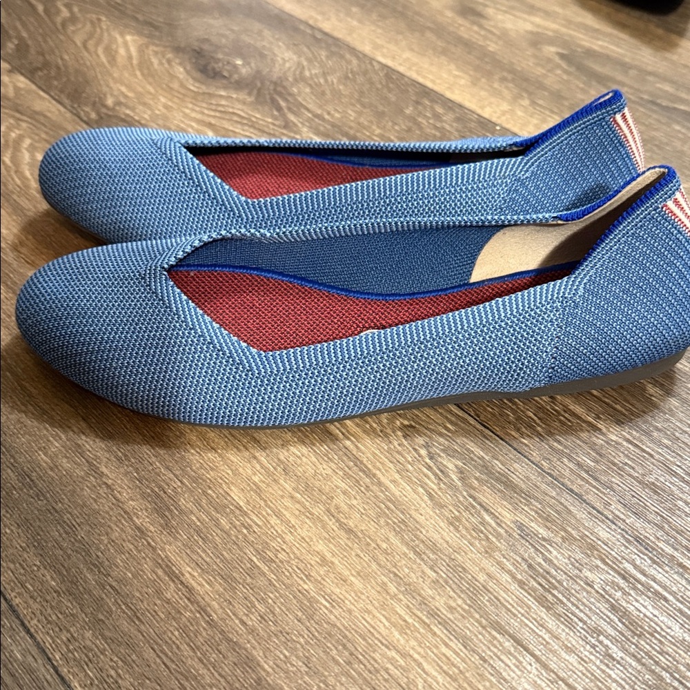 Rothy's Blue Knit Flats with Red Insole Accent